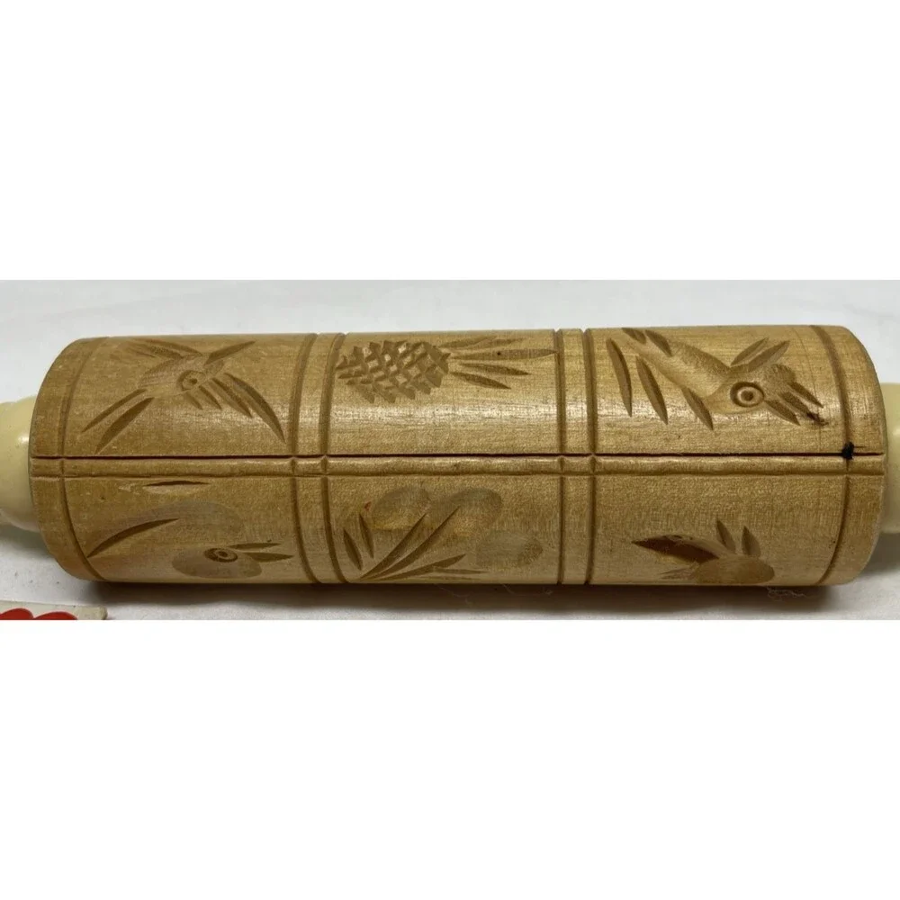 Vintage Carved Wooden Dough Rolling Pin Press for Springerle Cookies 14Lx2